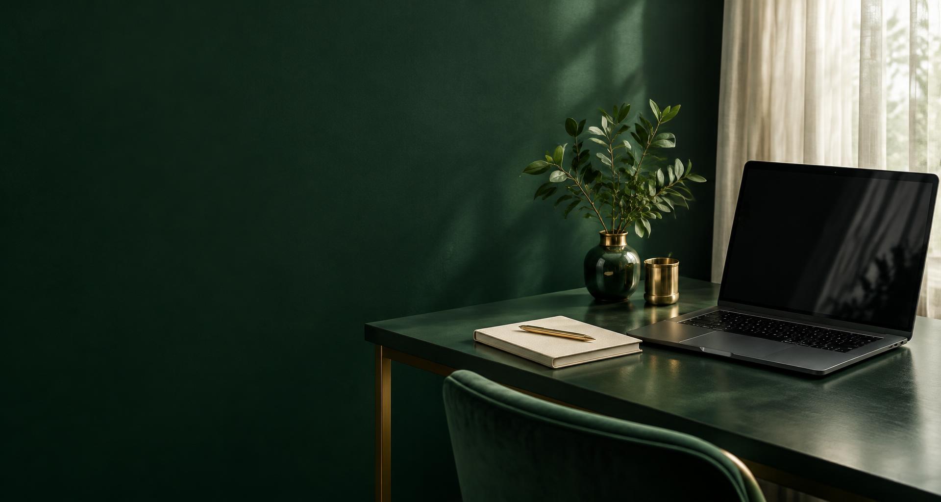 A laptop, open notebook, and brass pen on a green desk